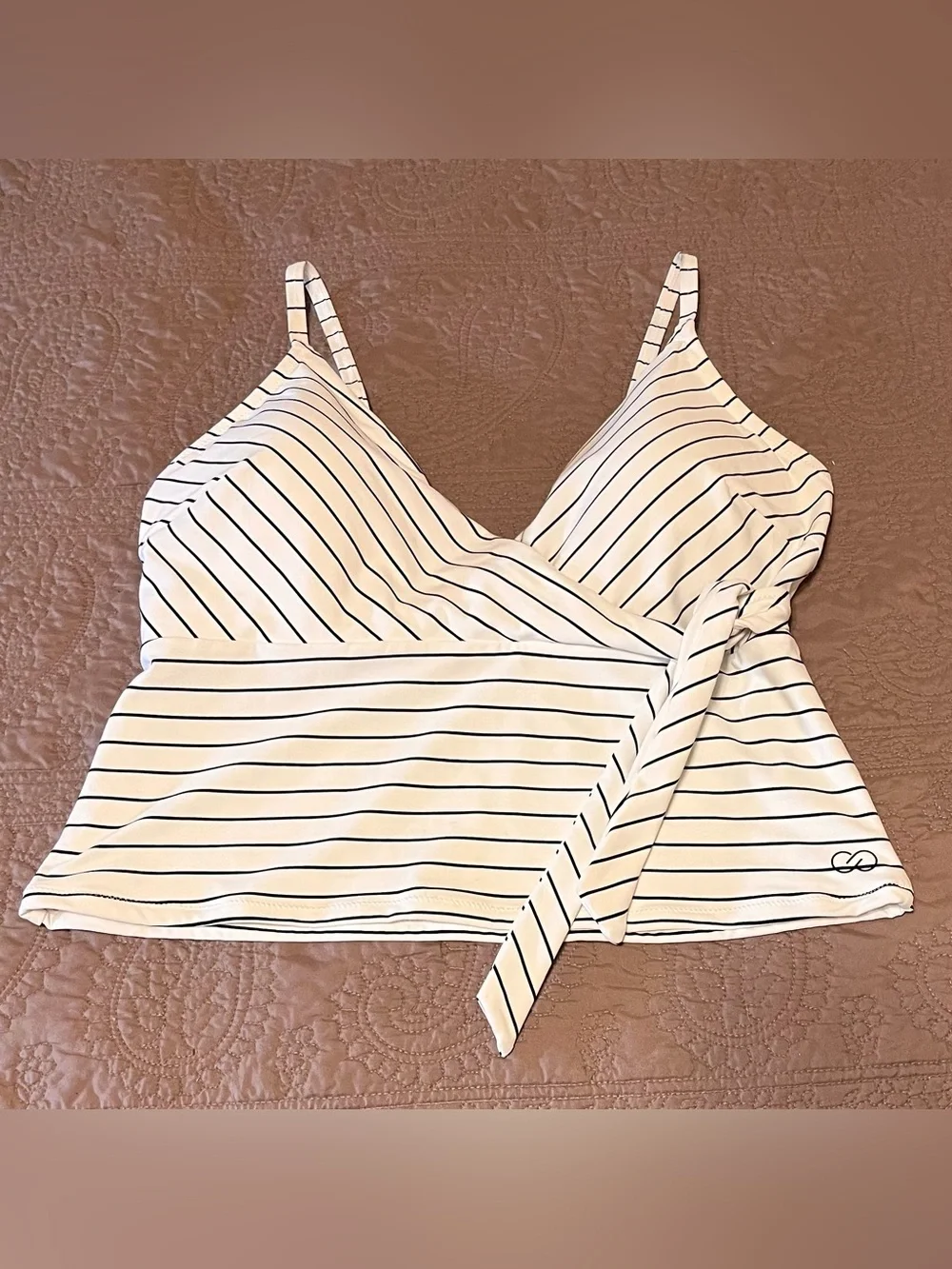 CALIA Women's Tie Front Tankini Top - Stripe Black LG